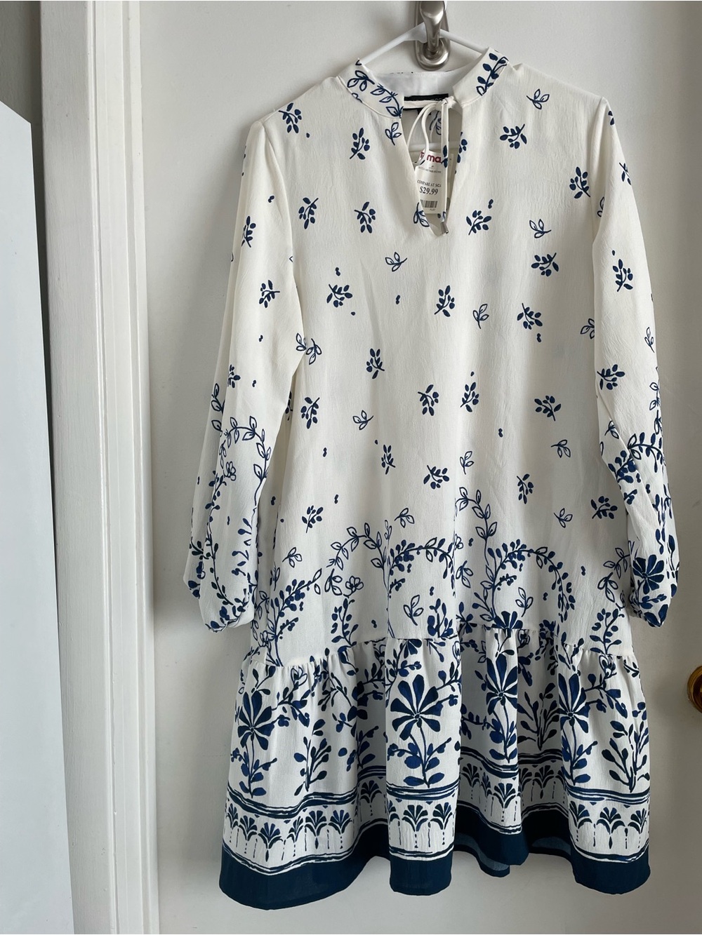 Rachel Zoe White Midi Dress with Navy Floral Border - Picture 1 of 6